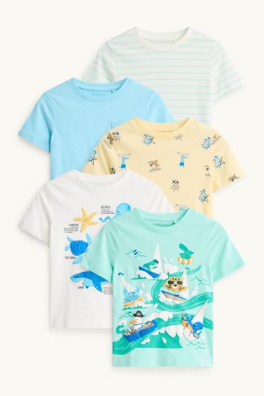 Kinder Buben - Multipack 5er - Meer - Kurzarmshirt - gestreift - weiß / türkis