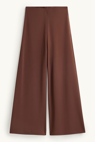 Dames - Broek van jersey - high waist - wide leg - donkerbruin