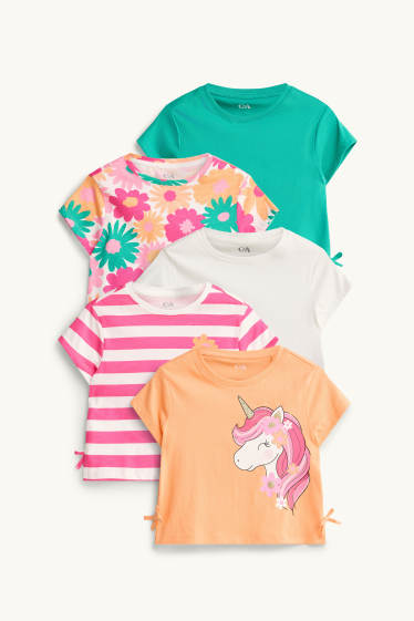 Niñas - Pack de 5 - unicornio y flores - camisetas de manga corta - verde