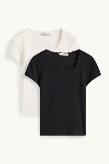 Enfants filles - Lot de 2 - T-shirt - finition côtelée - blanc