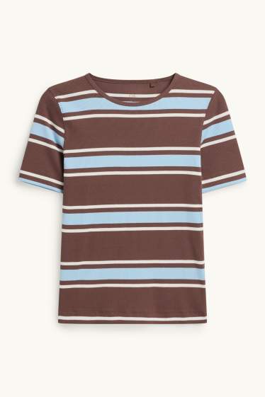 Dona - Samarreta de màniga curta - slim fit - acanalada - de ratlles - marró/blau