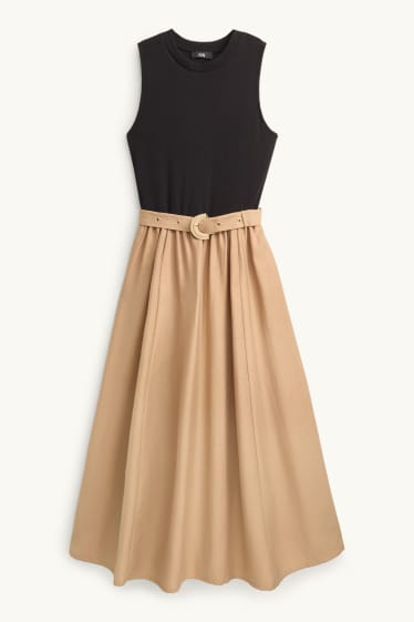 Dames - Fit & flare-jurk met ceintuur - zwart / beige