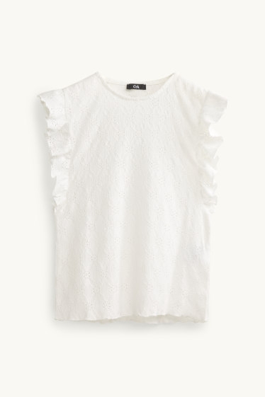 Kobiety - T-shirt - regular fit - haft angielski - biały