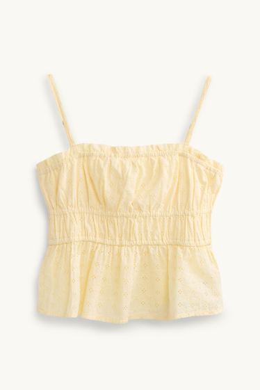 Damen - Blusentop - Broderie Anglaise - hellgelb