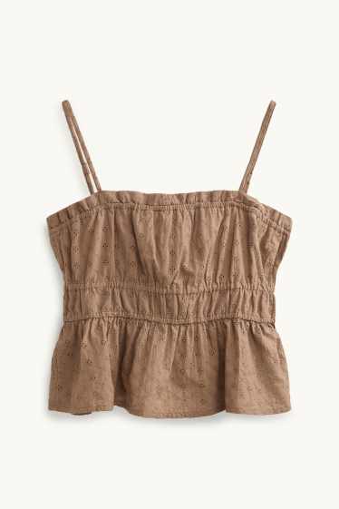 Damen - Blusentop - Broderie Anglaise - hellbraun