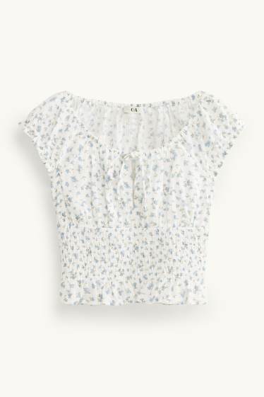 Femei - Bluză crop fără mâneci - cu flori - cu fronseuri - alb