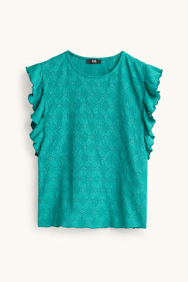 Damen - T-Shirt - Regular Fit - Broderie Anglaise - türkis