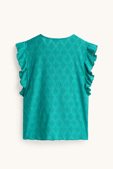 Damen - T-Shirt - Regular Fit - Broderie Anglaise - türkis