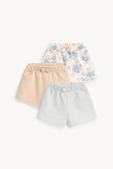 Neonate - Confezione da 3 - fiorellini - shorts per neonate - blu  / crema