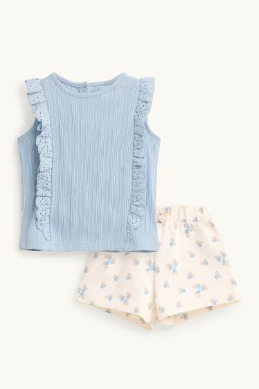 Bebeluși - fete - Floricele - compleu bebeluși - 2 piese - broderie englezească - albastru