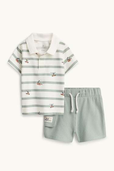 Baby: jongens - Mickey Mouse - babyoutfit - 2-delig - wit / groen