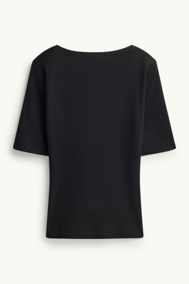 Dames - Henley-shirt - slim fit - geribd - zwart