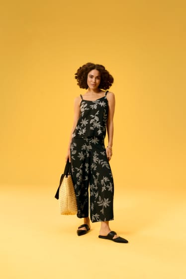 Damen - Stoffhose - Mid Waist - Wide Leg - geblümt - schwarz