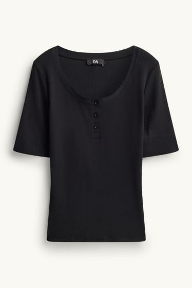 Dames - Henley-shirt - slim fit - geribd - zwart