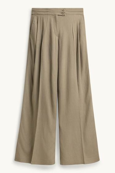 Dámské - Plátěné kalhoty - mid waist - wide leg - khaki