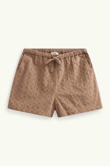 Dámské - Šortky - mid waist - anglická krajka - světle hnědá