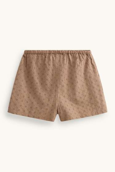 Dámské - Šortky - mid waist - anglická krajka - světle hnědá