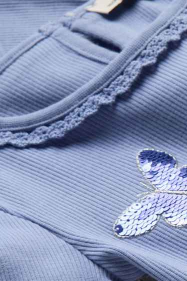 Kinderen: meisjes - Vlinder - longsleeve - geribd - glanseffect - blauw