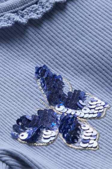 Kinderen: meisjes - Vlinder - longsleeve - geribd - glanseffect - blauw