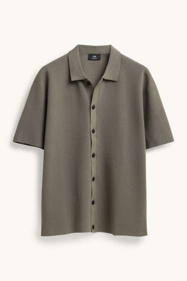 Heren - Gebreid overhemd - relaxed fit - grijs / groen