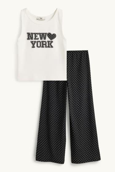 Children Girls - New York - set - short sleeve T-shirt and cloth trousers - 2 piece - polka dot - white