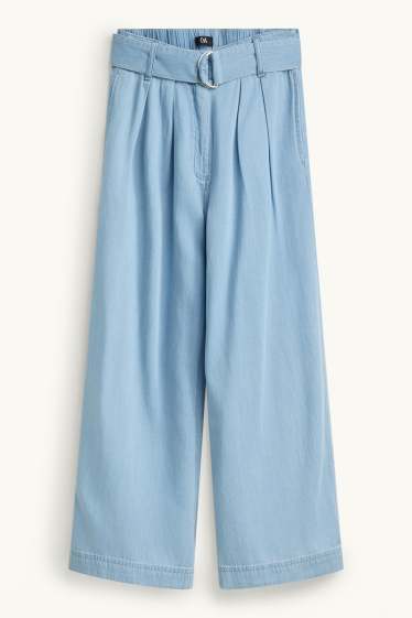 Dames - Kortere pantalon met ceintuur - high waist - wide leg - jeanslichtblauw