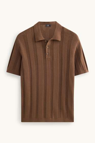 Heren - Gebreid poloshirt - relaxed fit - geribd - gestreept - bruin