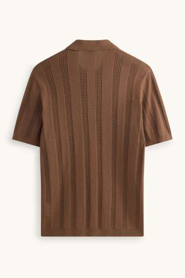 Heren - Gebreid poloshirt - relaxed fit - geribd - gestreept - bruin