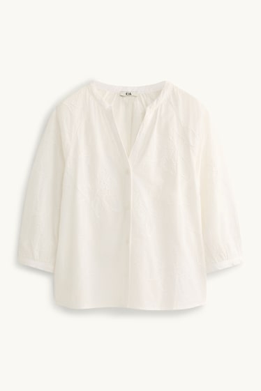 Damen - Bluse mit V-Ausschnitt - geblümt - strukturiert - weiß