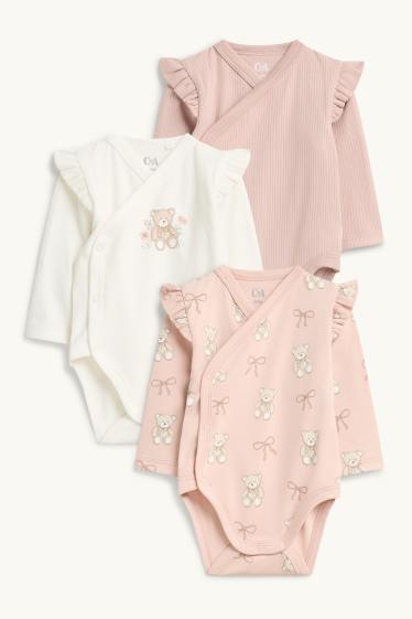 Baby: meisjes - Set van 3 - beertje en strikje - wikkelrompertje - roze