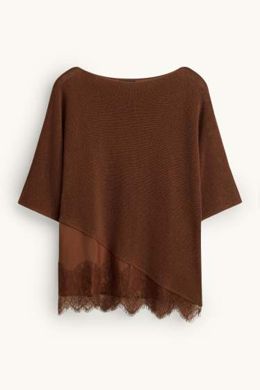 Femmes - Pull en maille - manches courtes - finition côtelée - marron
