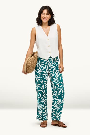 Dames - Pantalon - high waist - wide leg - gebloemd - groen