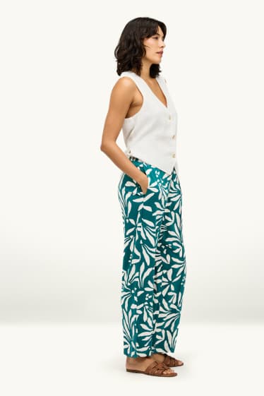 Dames - Pantalon - high waist - wide leg - gebloemd - groen
