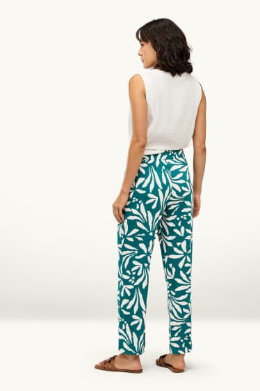 Dames - Pantalon - high waist - wide leg - gebloemd - groen