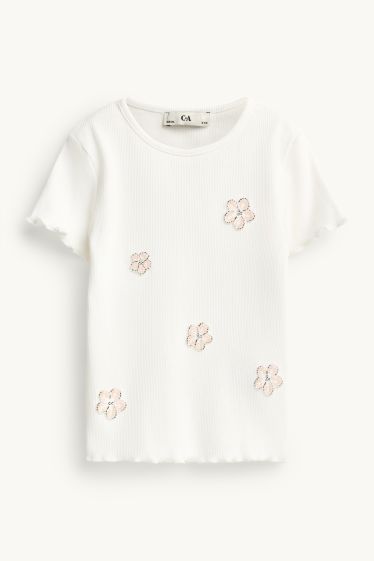 Děti - dívky - Květiny - tričko s krátkým rukávem - žebrované - bílá