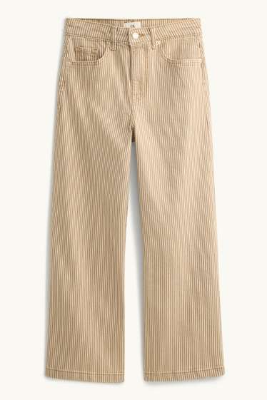 Dames - Kortere wide leg jeans - high waist - gestreept - lichtbruin