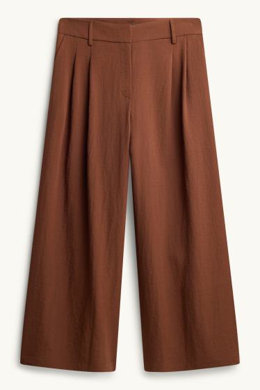 Dámské - Plátěné kalhoty - high waist - wide leg - hnědá
