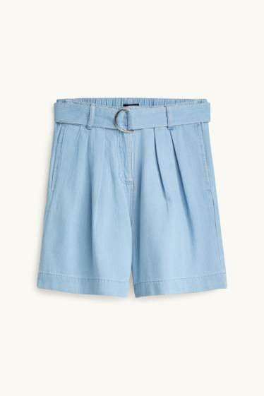 Dames - Denim short met ceintuur - high waist - jeanslichtblauw