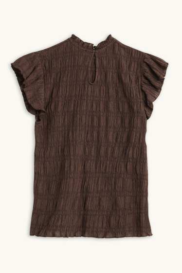 Femmes - T-shirt - regular fit - finition smockée - marron