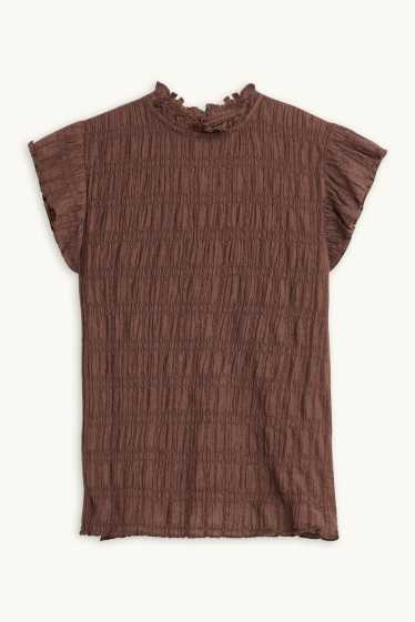 Femmes - T-shirt - regular fit - finition smockée - marron