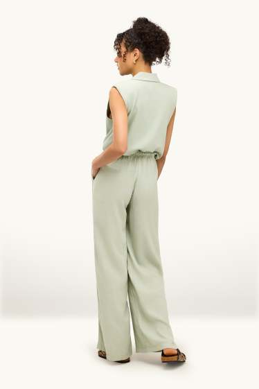 Mujer - Pantalón de tela con parte de lino - mid waist - loose fit - verde