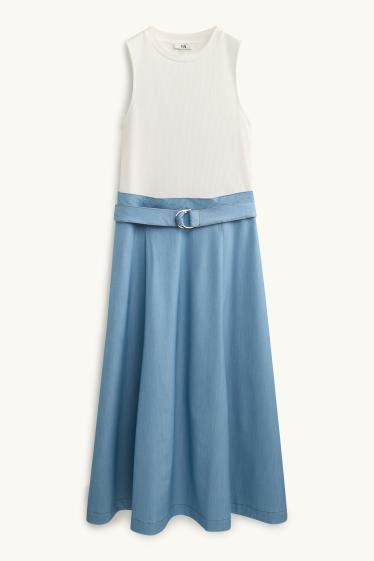 Damen - Fit & Flare Kleid mit Gürtel - weiß / blau