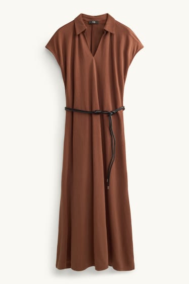 Damen - Fit & Flare Kleid mit Gürtel und V-Ausschnitt - braun