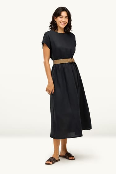 Women - Fit & flare dress with belt - linen blend - black