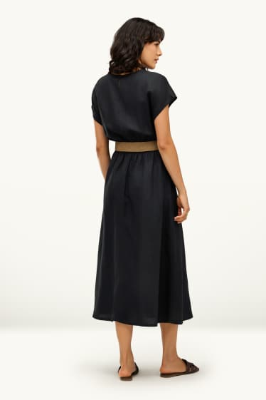 Women - Fit & flare dress with belt - linen blend - black