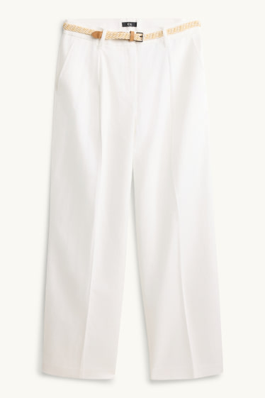 Dámské - Plátěné kalhoty s páskem a lněným podílem - mid waist - bílá