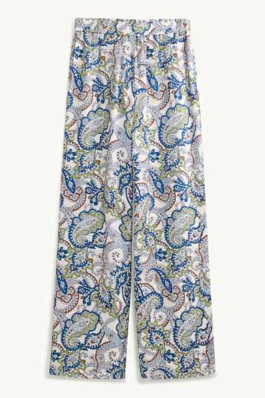 Dames - Pantalon - high waist - wide leg - met patroon - wit / blauw