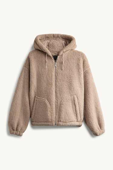 Women - Teddy fur jacket with hood - light brown