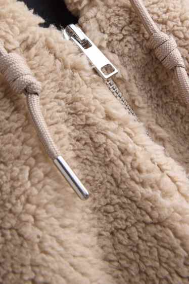 Women - Teddy fur jacket with hood - light brown