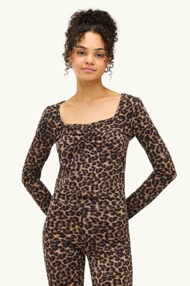 Damen - Crop Langarmshirt - Slim Fit - Leo-Print - braun